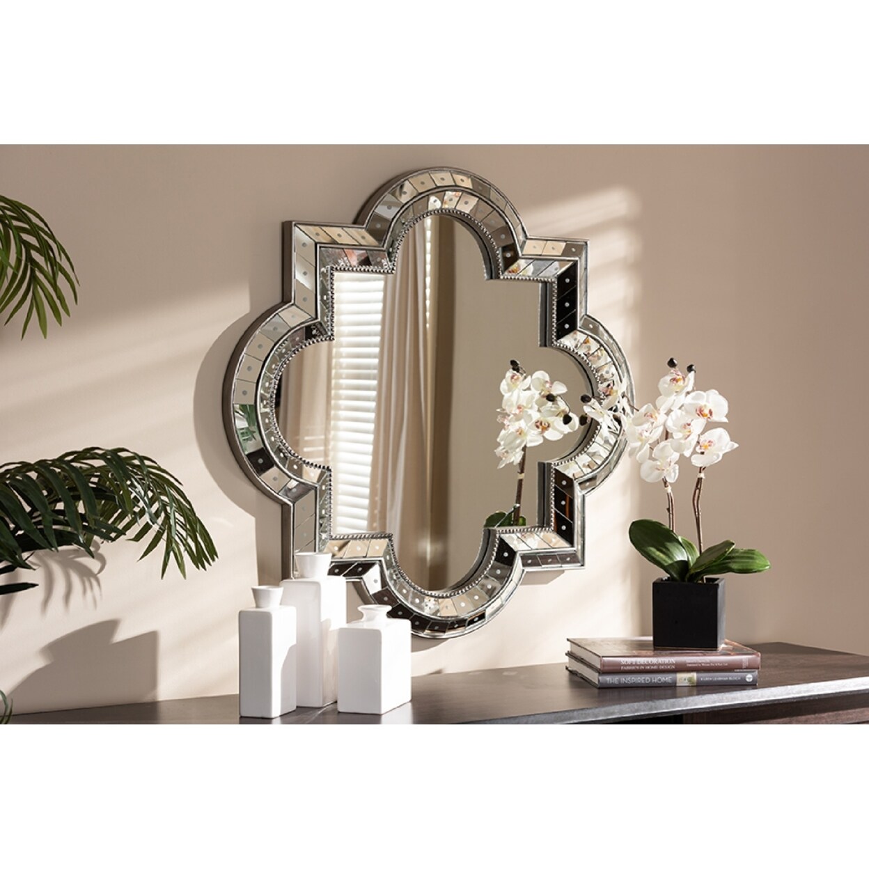 Wholesale Interiors Baxton Studio Catia Art Deco Antique Silver Finished Quatrefoil Accent Wall Mirror,