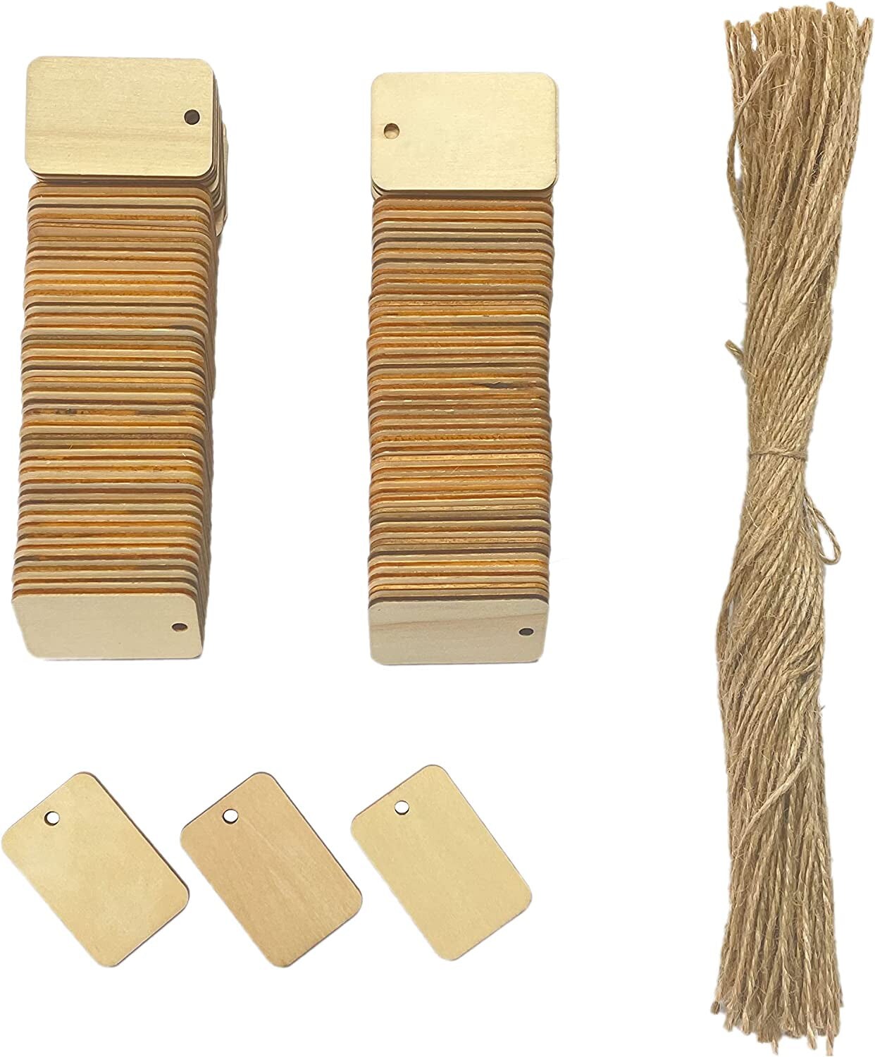200 Pcs 2 Inch Rectangle Wooden Tags with Jute Crafts Unfinished Wood