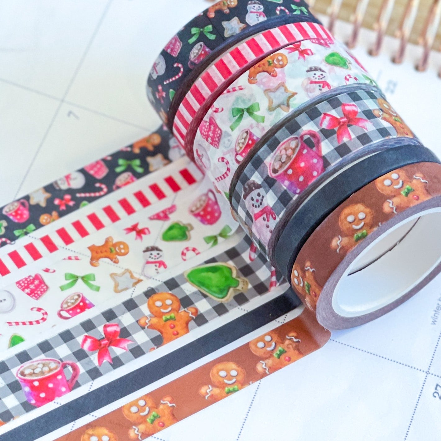 Gingerbread & Candy Canes Plaid Christmas Holiday Red & Green Washi Tape Set (#W039)