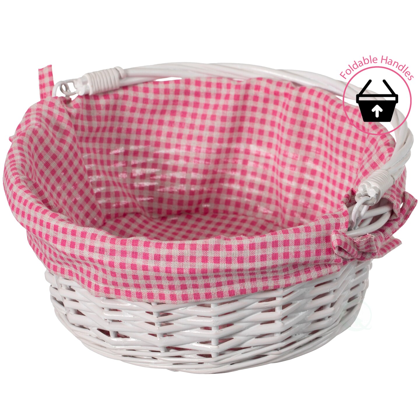 Traditional White Round Willow Gift Basket with Gingham Liner and Sturdy Foldable Handles, Food Snacks Storage Basket