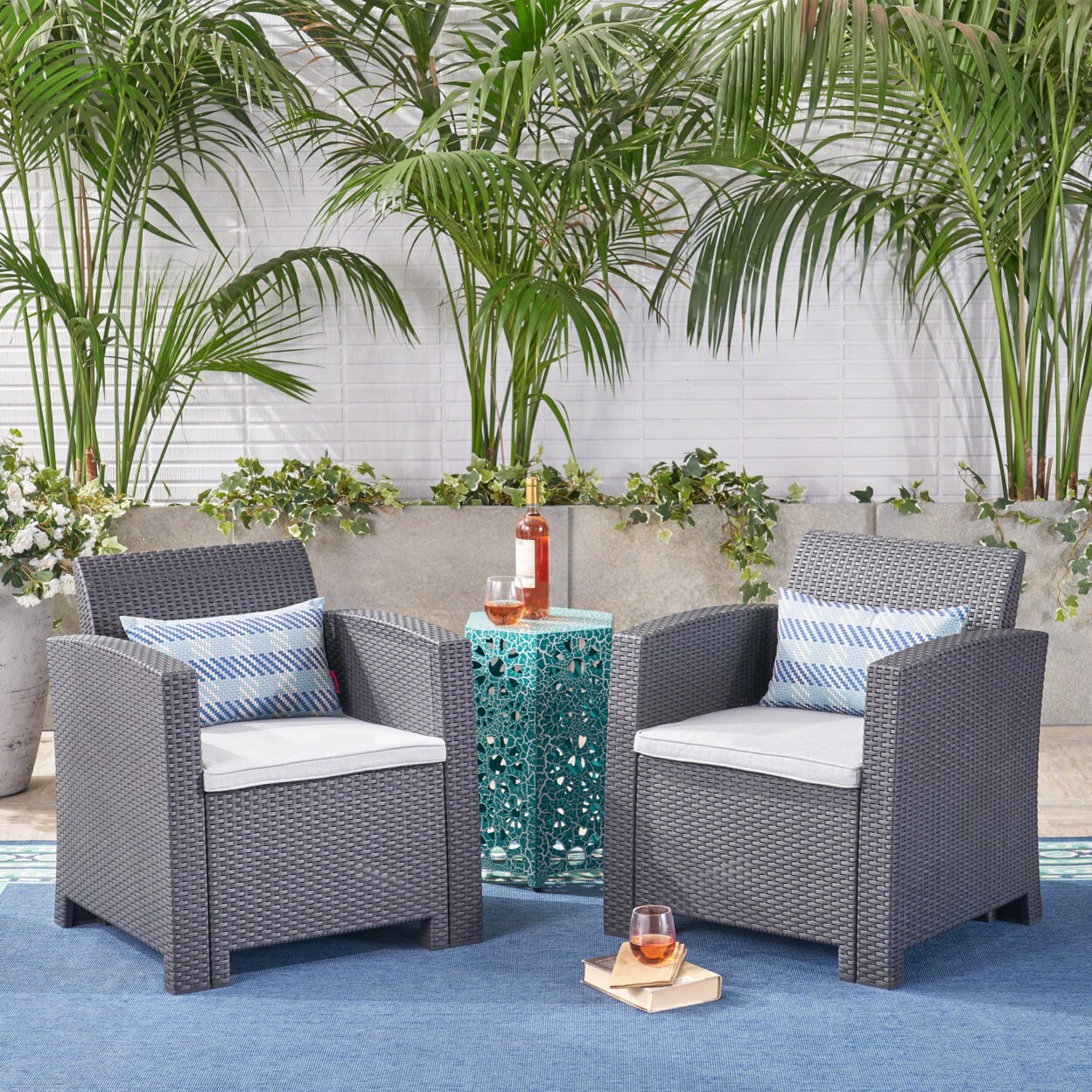 GDFStudio Fiona Outdoor Wicker Print Club Chairs with Water Resistant Cushions