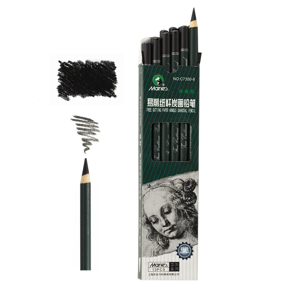 Maries Artist Charcoal Pencil 12 Piece Set, Black Paper Handle Charcoal Pencils for Drawing and Sketching