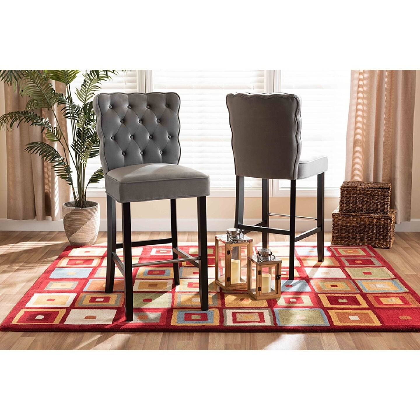 Wholesale Interiors Baxton Studio Daphne Modern and Contemporary Dark Grey Velvet Fabric Upholstered and Dark Brown Finished Wood 2-Piece Bar Stool Set