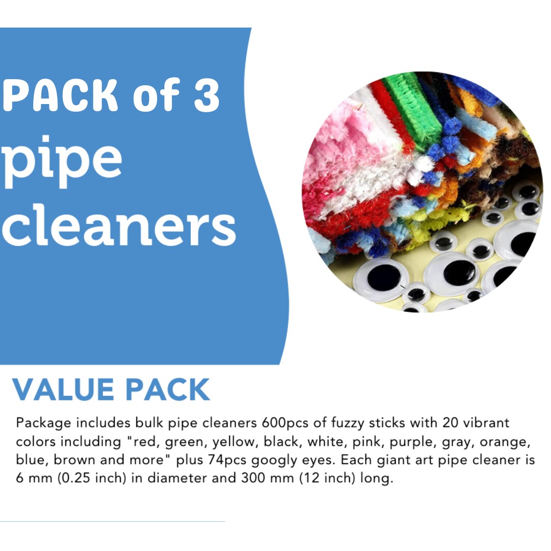 3 PACK - Incraftables 600pcs Pipe Cleaners Craft Supplies Set (20 Colors). Best Thick Fuzzy Chenille Stems Sticks with Googly Eyes. Colorful & Assorted Bulk Pipecleaners for DIY Arts & Crafts (12 inch Long)