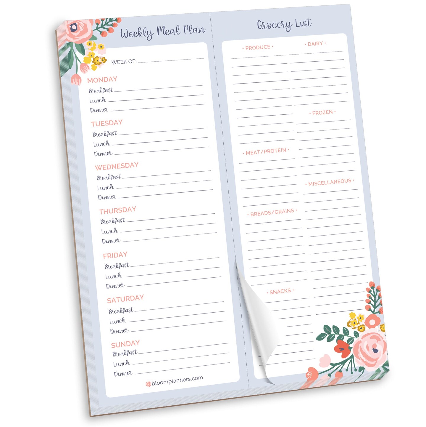 bloom daily planners Planning Pad, 8.5&#x22; x 11&#x22;, Meal &#x26; Grocery Pad with Magnets, Blue Floral