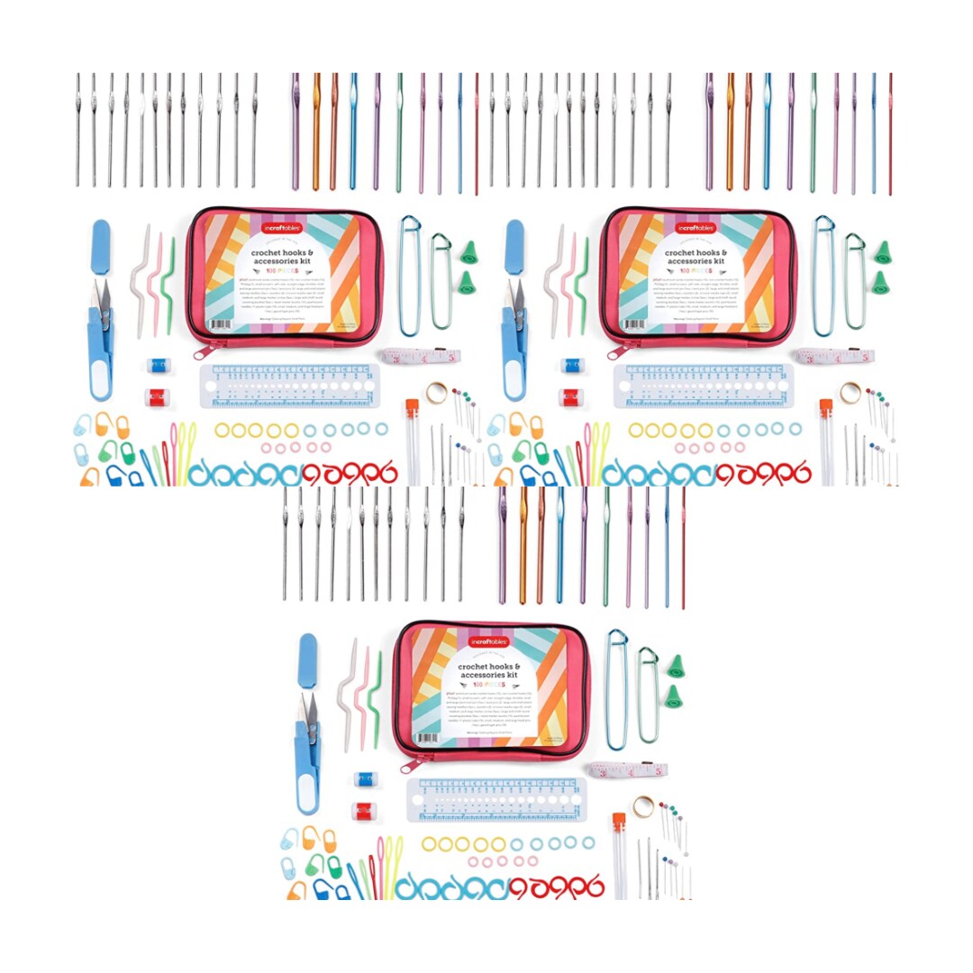 3 PACK - Incraftables Crochet Hook Set with Case 100pcs. Best Crochet Hook Kit for Beginners & Professionals. Ergonomic Crochet Tools with Needles, Scissors, Ruler, Head Pins & Accessories for Kids & Adults