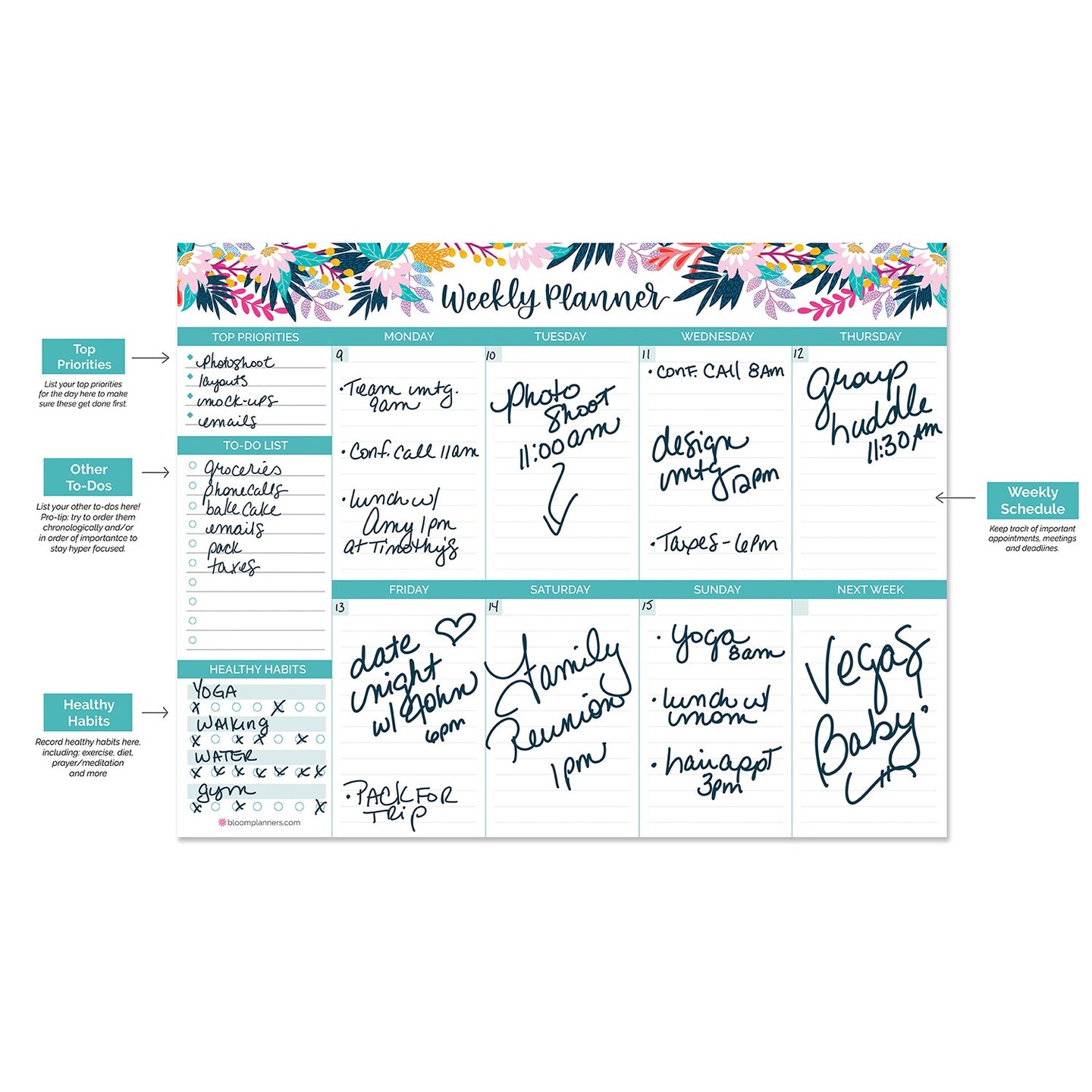 bloom daily planners Planning Pad, 8.5&#x22; x 11&#x22;, Horizontal Weekly Planner, Teal Floral