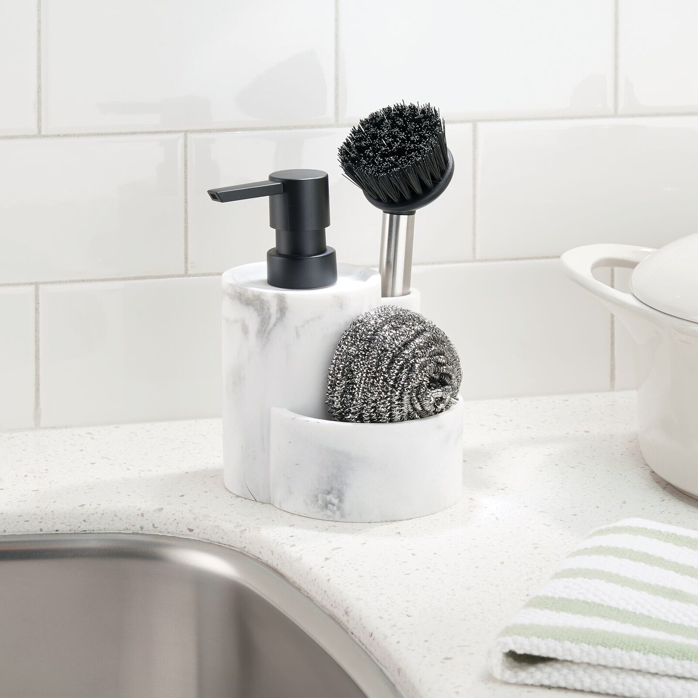 mDesign Kitchen Sink Soap Dispenser Pump, Storage Caddy for Counter