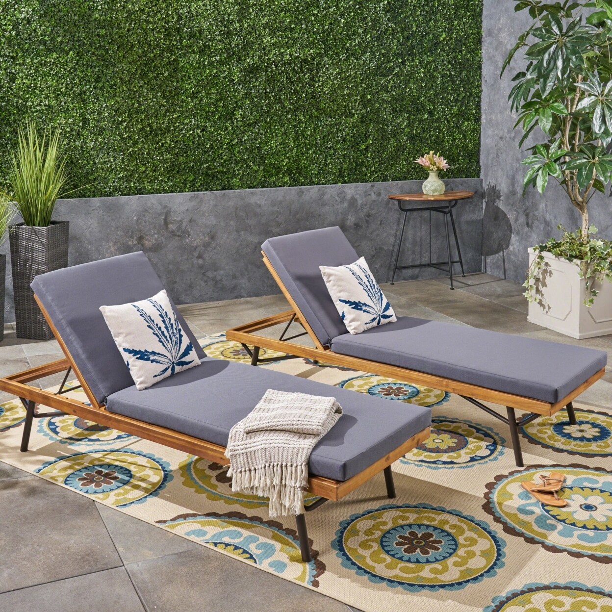 GDFStudio Eileen Outdoor Chaise Lounges Acacia Wood and Eucalyptus Outdoor Cushions Teak Rustic Metal Dark Gray (Set of 2)