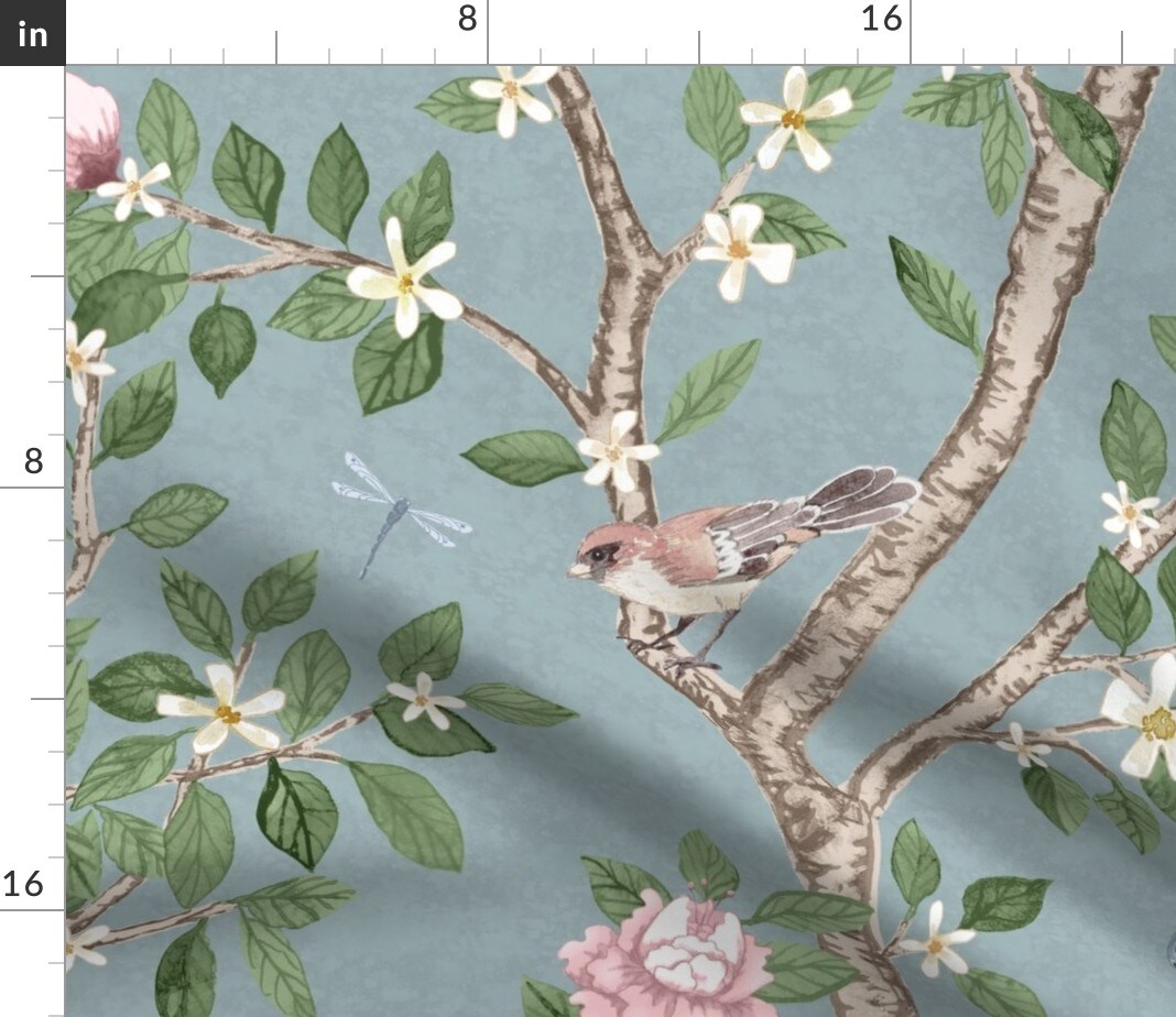 Botanical Nature Floral Blue Spring Bird Large Scale Art Nouveau Custom Printed Fabric by Spoonflower Various Fabrics by the Yard or Fat Quarter