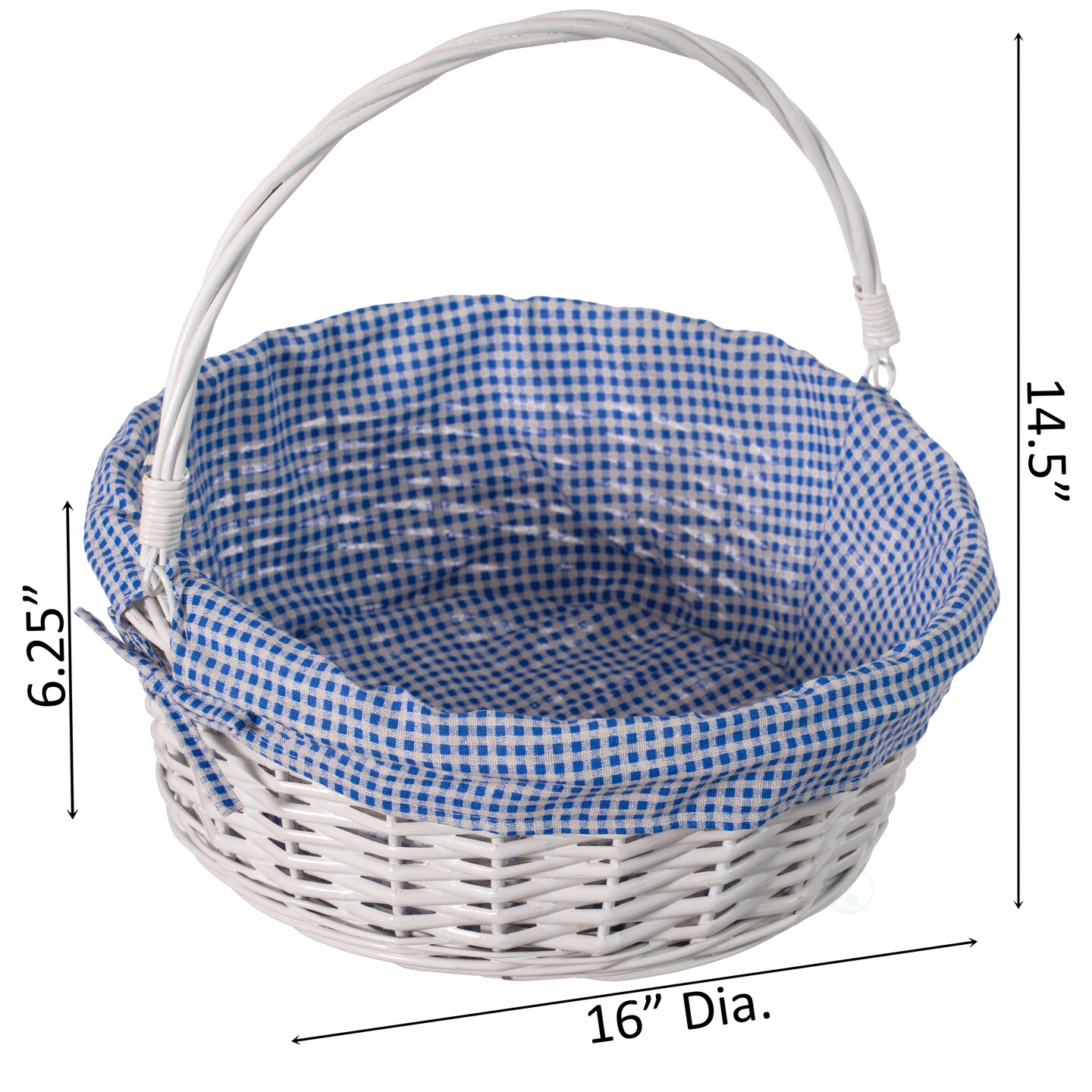Traditional White Round Willow Gift Basket with Gingham Liner and Sturdy Foldable Handles, Food Snacks Storage Basket