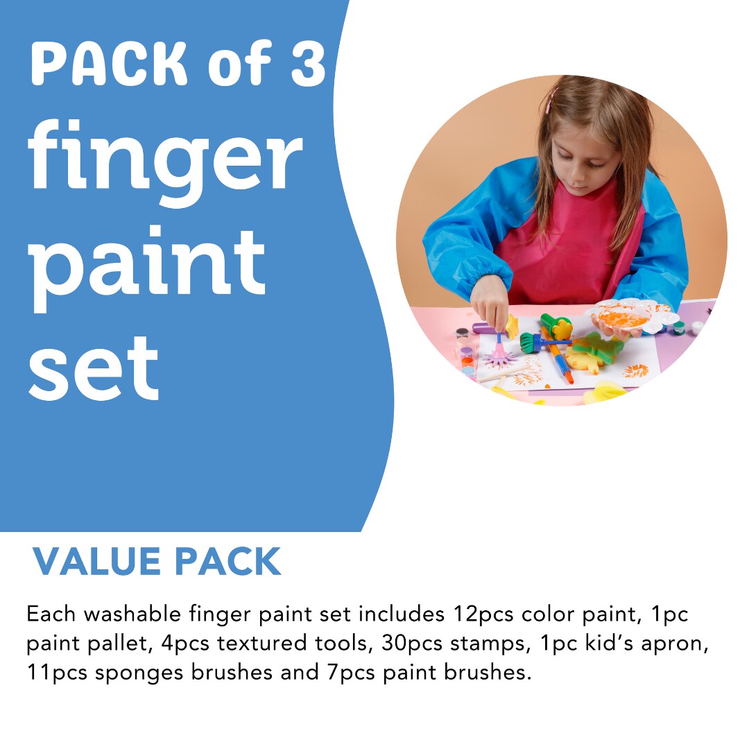 3 PACK - Incraftables Kid Paint Set. Non Toxic Finger Paint for Kids with Apron, Palette, Brushes, Textured Tools, Stamps &#x26; Sponge Brushes. Washable Paint Set for Adults &#x26; Kids Age 3+ for DIY Art &#x26; Crafts