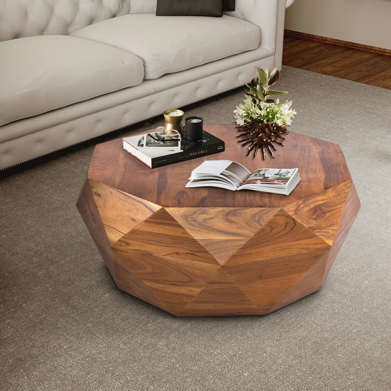Saltoro Sherpi 33 Inch Diamond Shape Acacia Wood Coffee Table With Smooth Top, Dark Brown-