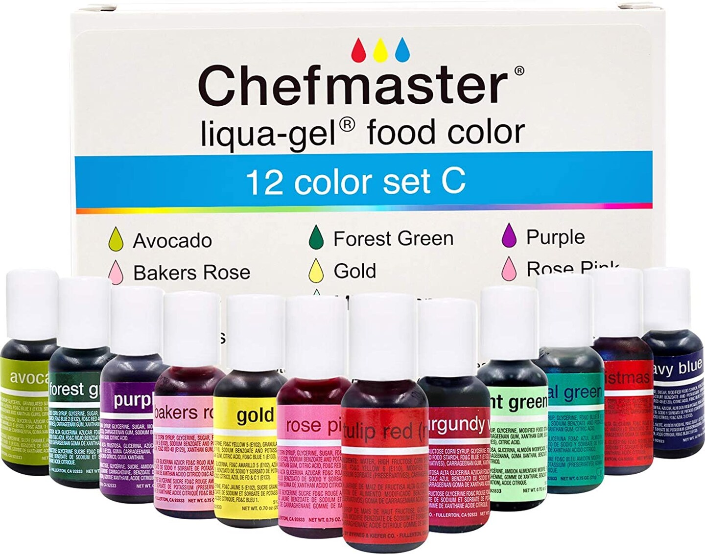 LiquaGel Food Coloring 12 Color Set C Fade Resistant Food Coloring