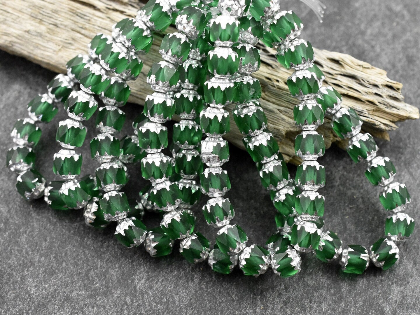 *20* 6mm Silver Washed Emerald Fire Polished Cathedral Beads