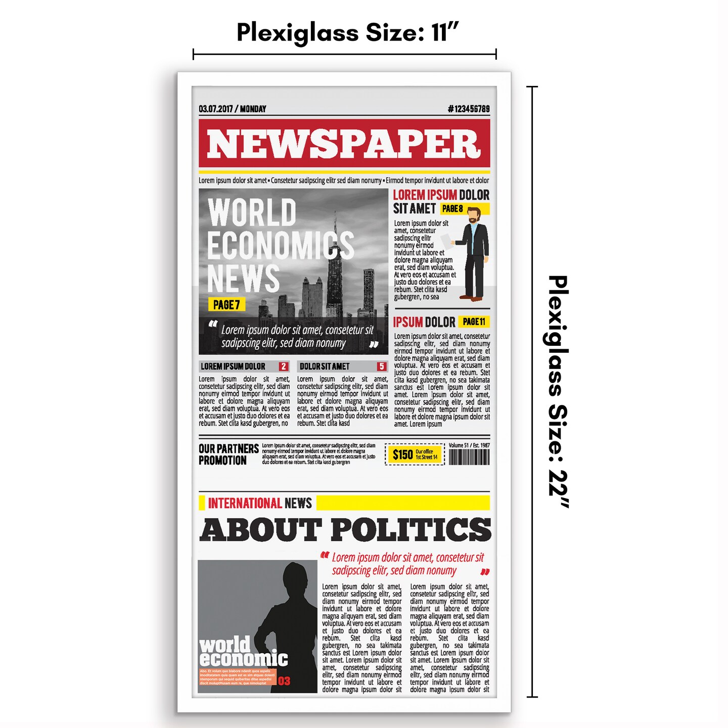 Americanflat 11x22 Newspaper Frame - Display Frame for Showcasing Newspaper Front Page - Polished Plexiglass Cover - Hanging Hardware for Horizontal or Vertical Display