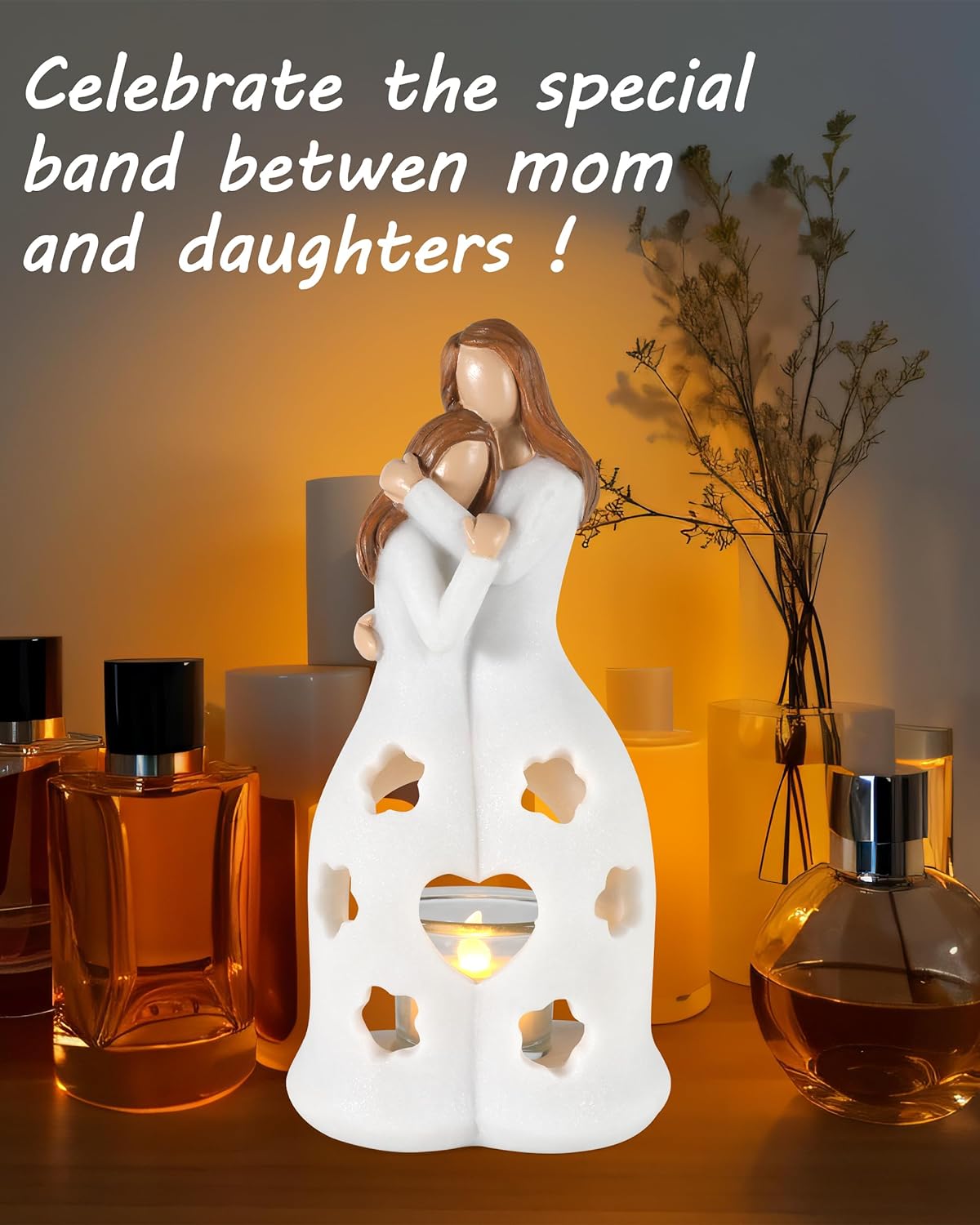 Mother and Daughter Resin Angel Statue With Tealight Candle Holder