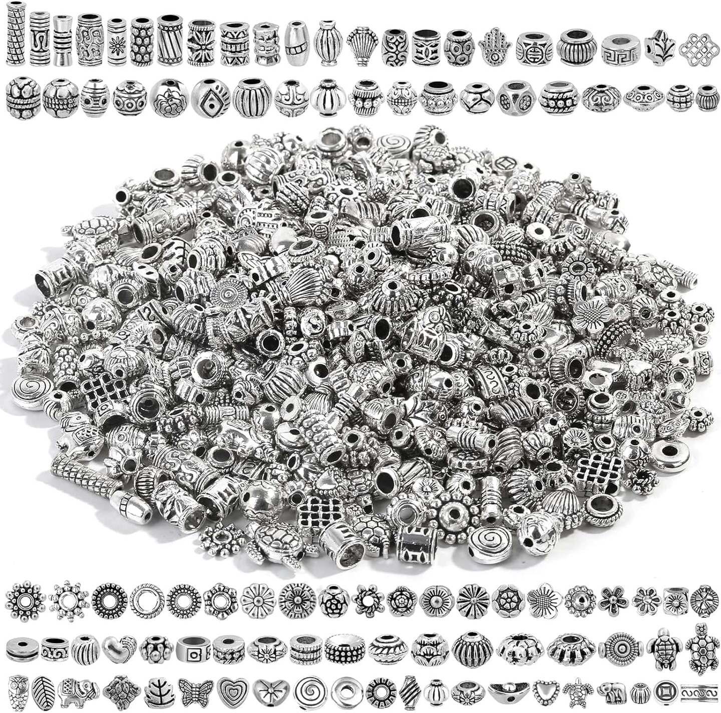 500 Pcs Bracelet Spacer Beads, Silver Bulk Random Styles Loose Spacer Metal Charm for Necklace, Earring Making DIY Jewelry Accessories
