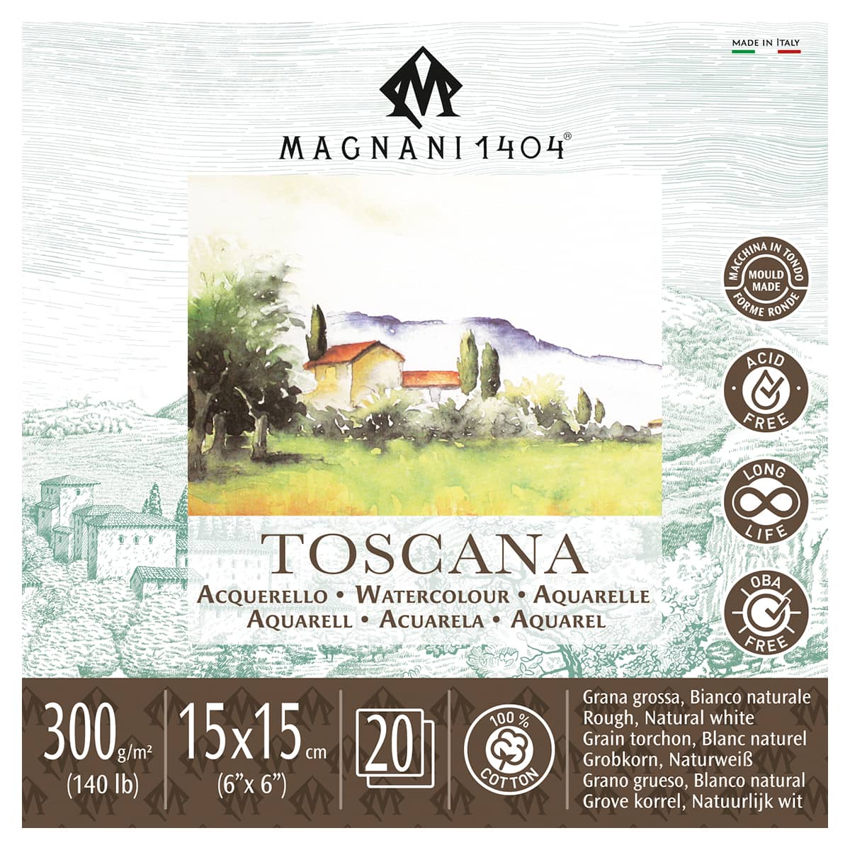 Magnani 1404 Toscana Rough 100% Cotton Watercolor Paper Pad, 20 Sheets, 140 lb, Acid-Free, UV Resistant, Deckled Edges, Vegan Sized Water Color Paper for Artists, Made in Italy