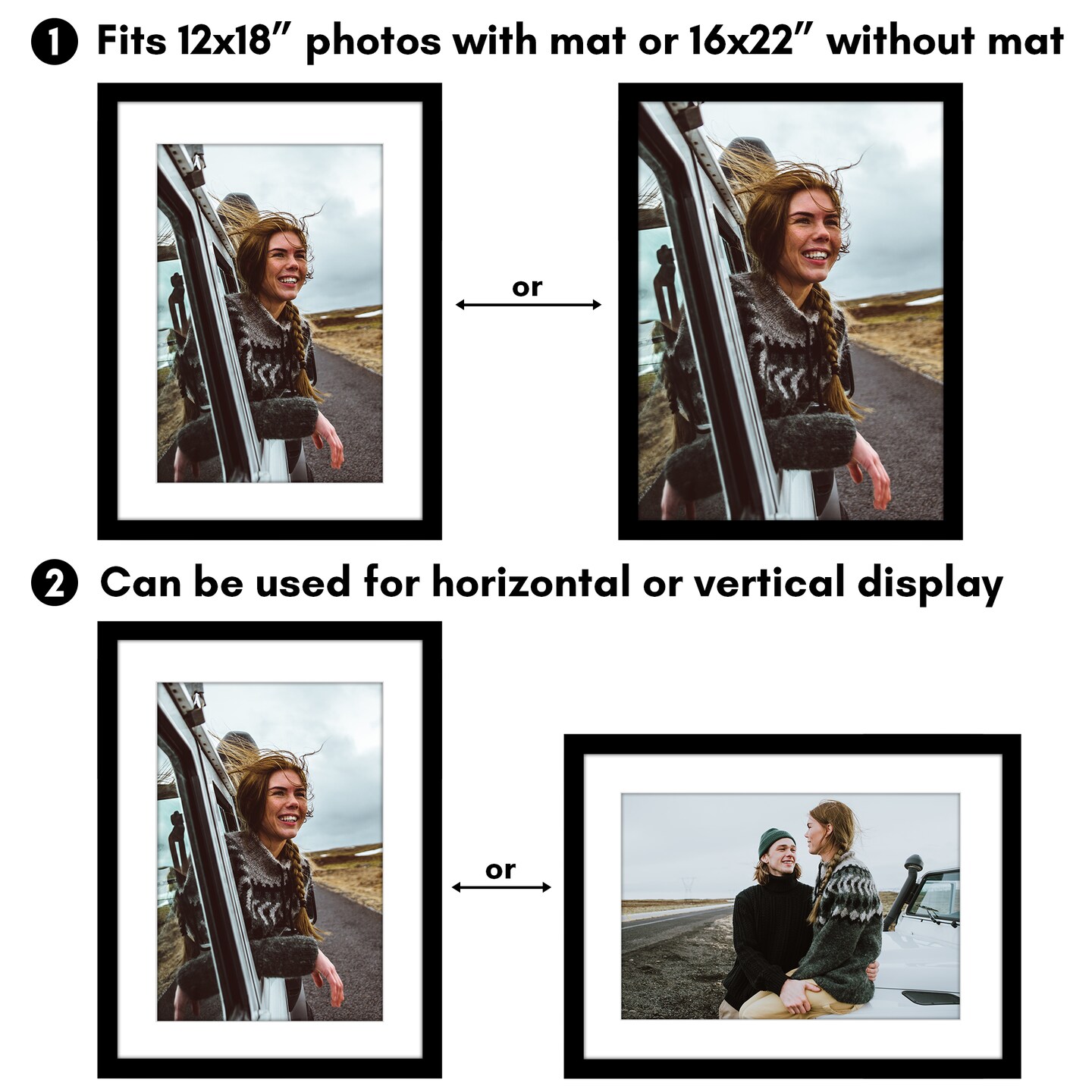 Americanflat Poster Frame with Mat - Large Picture Frame - Polished Plexiglass Cover - Hanging Hardware for Horizontal and Vertical Display - Black