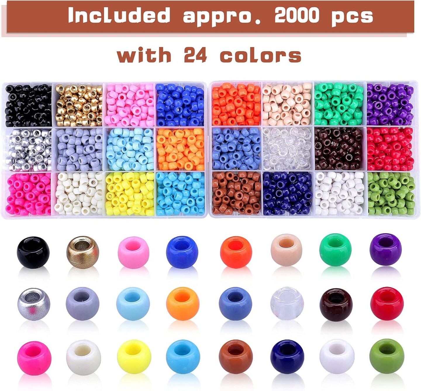 Pony Beads Jewelry Making Kit, 9mm Pony Beads Rainbow Opaque Beads Small Loose Spacer Beads for Friendship Bracelet Jewelry Necklace Making Crafts for Independence Day Gift (24colors)