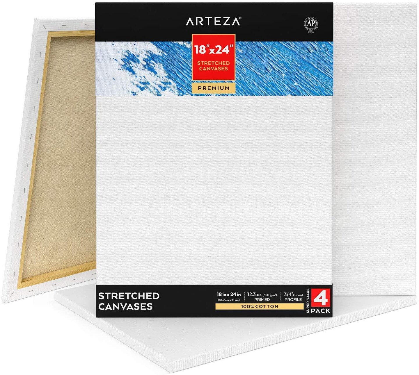 Arteza Stretched Canvas, Premium, White, 18"x24", Large Blank Canvas Boards for Painting - 4 Pack