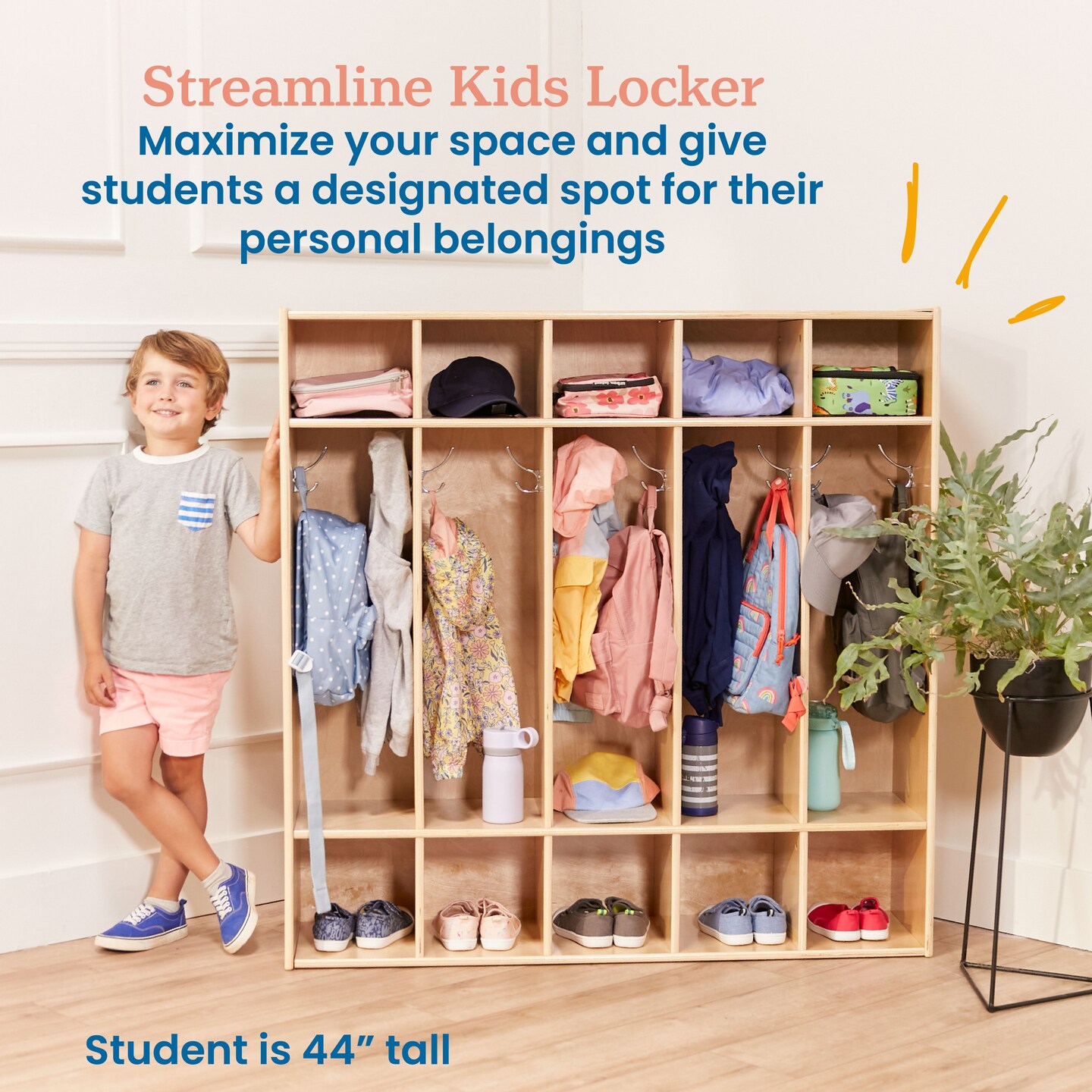 Streamline 5-Section Coat Locker with Scoop Front Storage Bins, Natural, Classroom Furniture