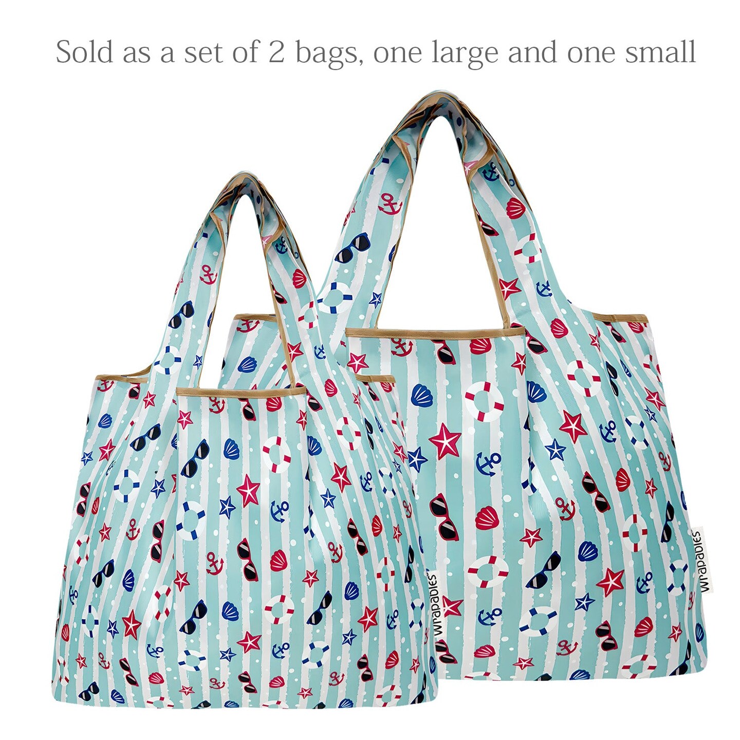 Wrapables Large &#x26; Small Foldable Tote Nylon Reusable Grocery Bags, Set of 2, Ocean Fun