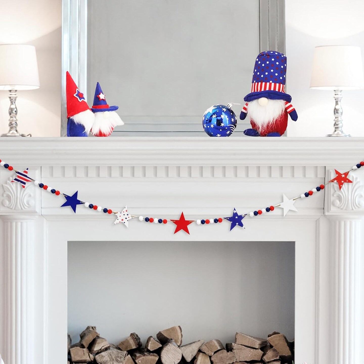 4.2 FT Patriotic Wooden Beads Garland with Star-Shaped Charms