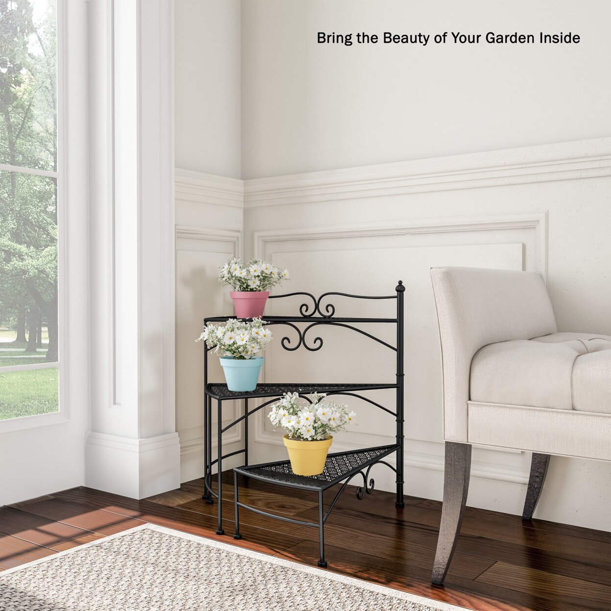 Black 3-Tier Folding Plant Stand Wrought Iron Metal Indoor Outdoor 24In H