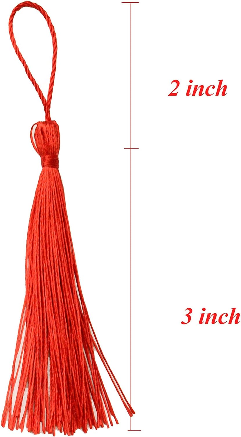 100pcs Tassels 5 Inch Silky Floss Bookmark Tassels with Cord Loop Small Tassels for Crafts Bookmarks Jewelry Making DIY Souvenir Accessory (Red)