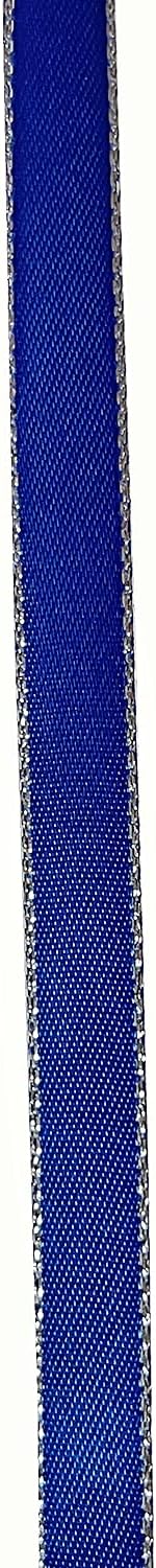 Royal Blue Double Face Satin Ribbon with Silver Border, 1/4 Inch X 50Yd