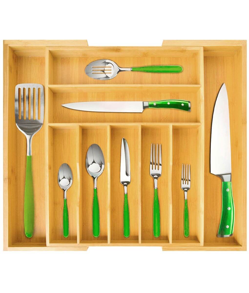 Bamboo Silverware Drawer Organizer, Cutlery Drawer Organizer for Kitchen Utensils, Natural - Royal Craft Wood