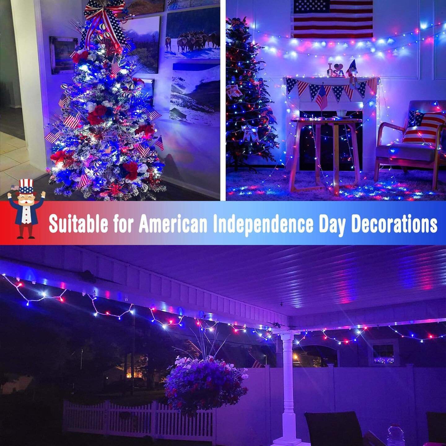 2 Pack Red White and Blue Lights Outdoor, 33ft 100 LED 4th of July Lights Battery Operated