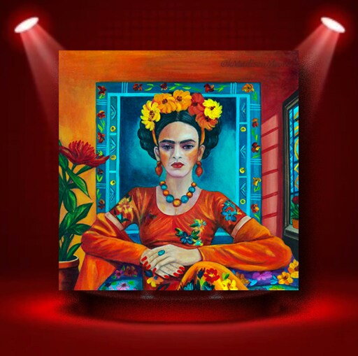 product name is Frida Kahlo Portrait 12 x 12 Oil Painting on Canvas - Self Reflection - Frida Kahlo Inspired Artwork