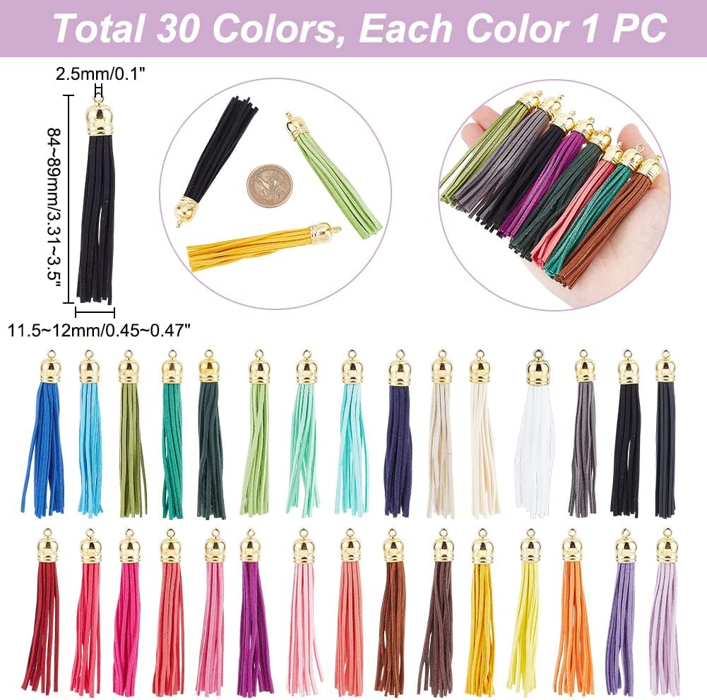 3.3"~3.5" Long Faux Leather Tassel, 30pcs Keychain Tassels 30 Colors Faux Suede Tassel Pendants Keychain Tassels with Loop for Keychain Cellphone Straps DIY Earring Jewelry Making