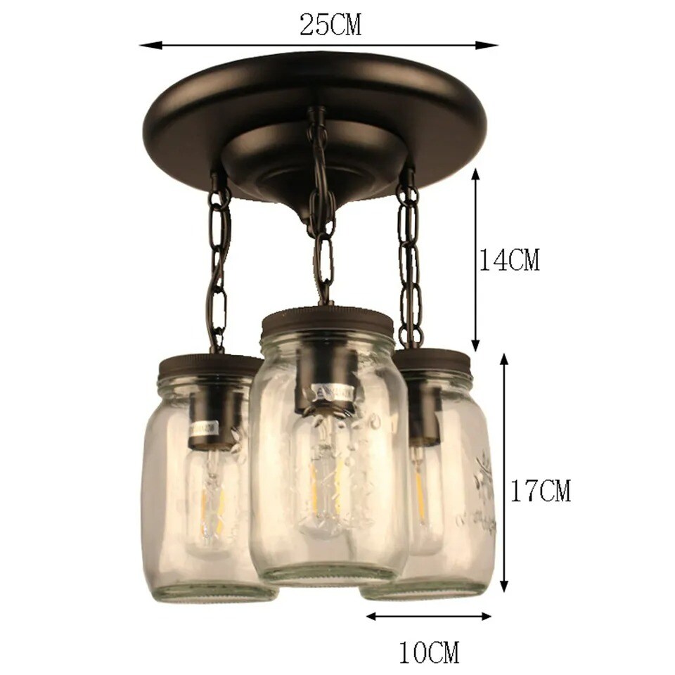 Farmhouse Chandelier Mason Jar Hanging Pendant Loft Light Ceiling Lamp 3-Lights