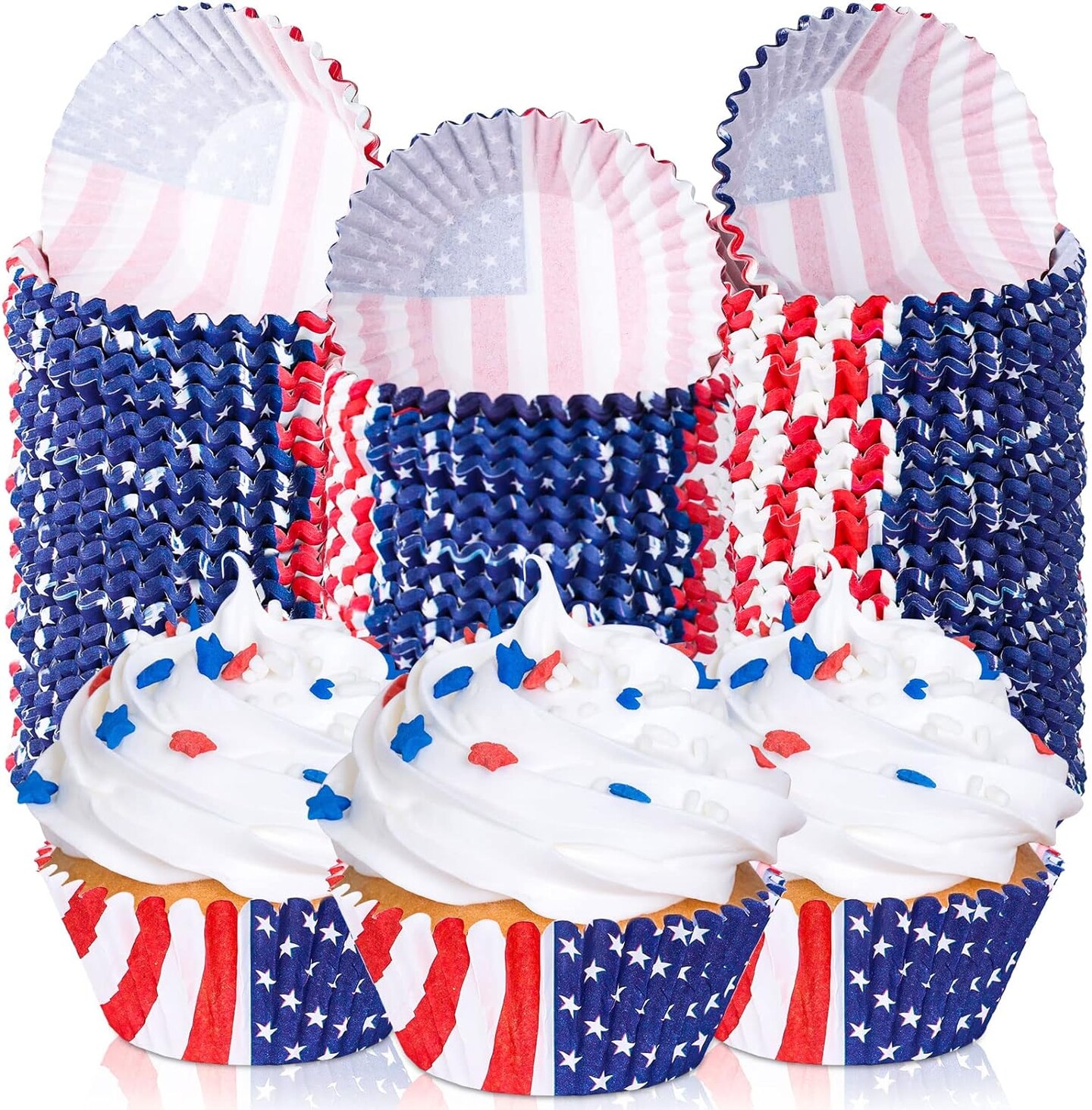 600 Patriotic Baking Cups. Cupcake Liners for July 4th, with stars and stripes.