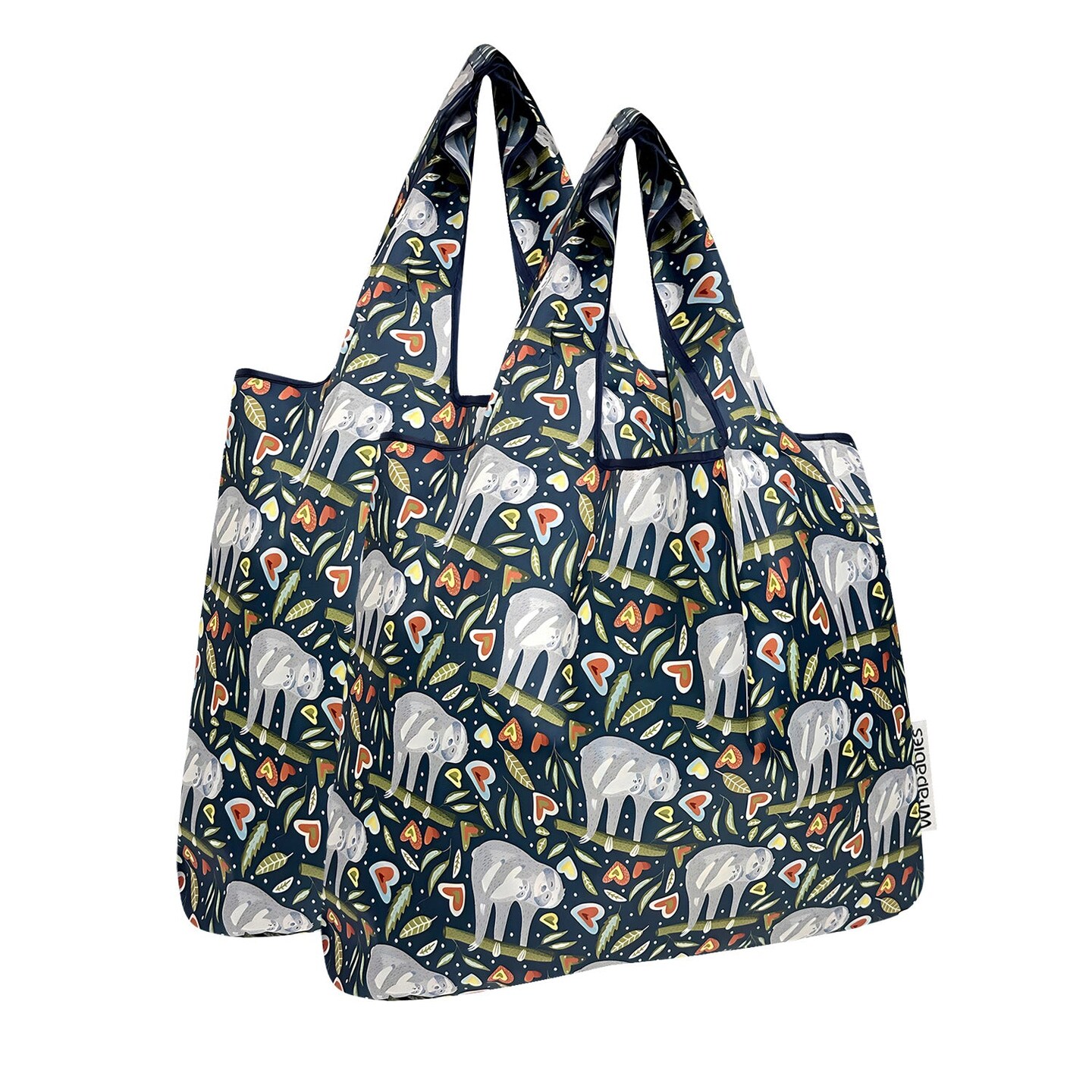 Wrapables Medium Foldable Tote Nylon Reusable Grocery Bag (Set of 2), Love Sloths