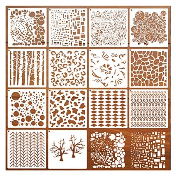 14 Pcs Layering Mixed Media Stencils Leopard Diamond Spirals Cubist Templates Geometric Patterns Stencils for Painting on Walls Canvas DIY Craft Scrapbooking Stamp Decor Card Making (7.87x7.87inch)