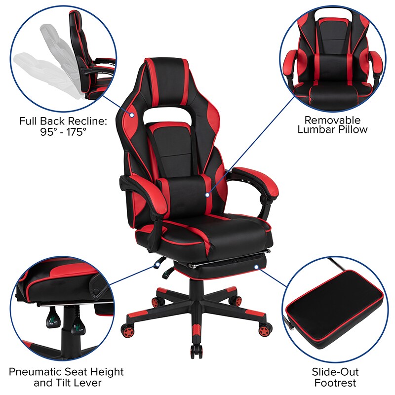 Red PU Leather Gaming Chair with USB Massage Lumbar Pillow and Footrest