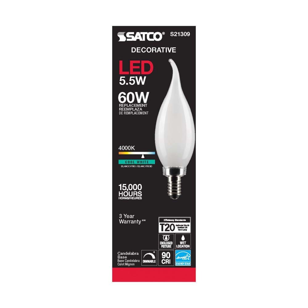 6Pk - Satco 5.5w CA10 LED 4000K Candelabra Base Frosted Dimmable - 60w equiv