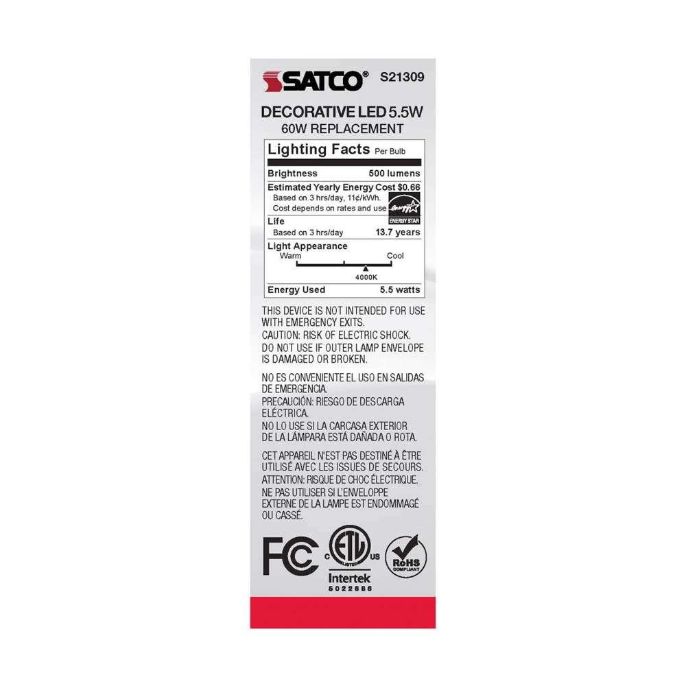 6Pk - Satco 5.5w CA10 LED 4000K Candelabra Base Frosted Dimmable - 60w equiv