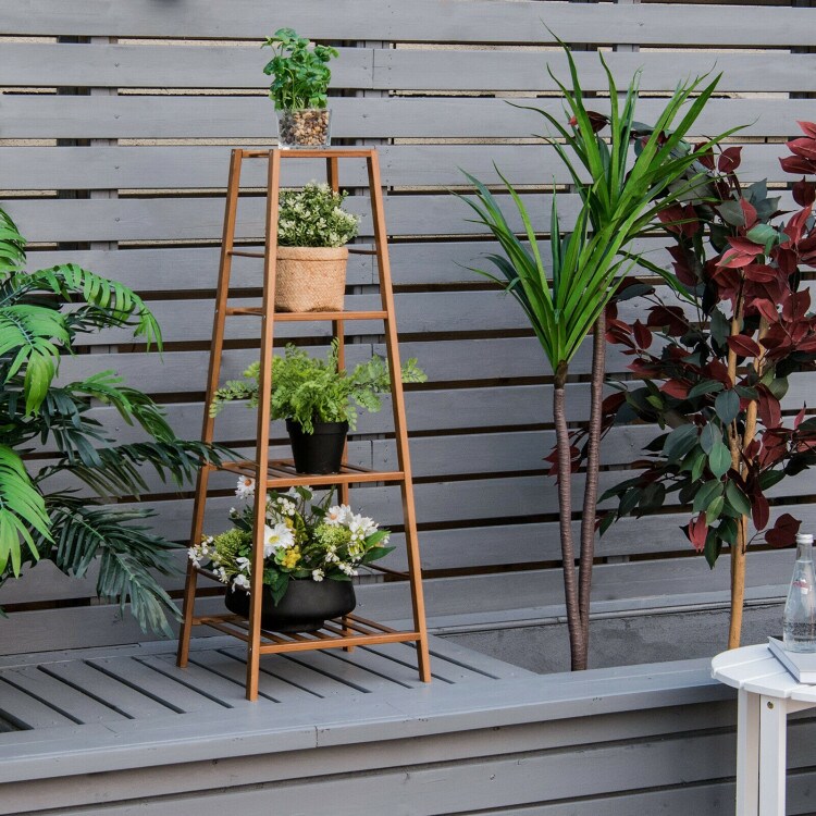 4-Potted Bamboo Tall Plant Holder Stand