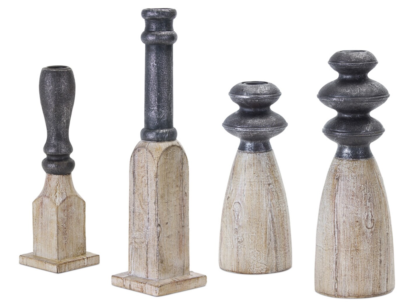 Contemporary Candle Holder Stick Set 4 Brown White Polyresin Stone Powder