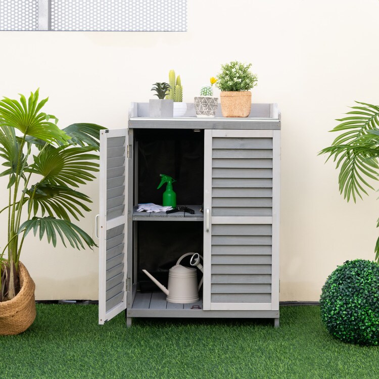 Garden Potting Bench Table with 2 Storage Shelves and Metal Plated Tabletop-Gray