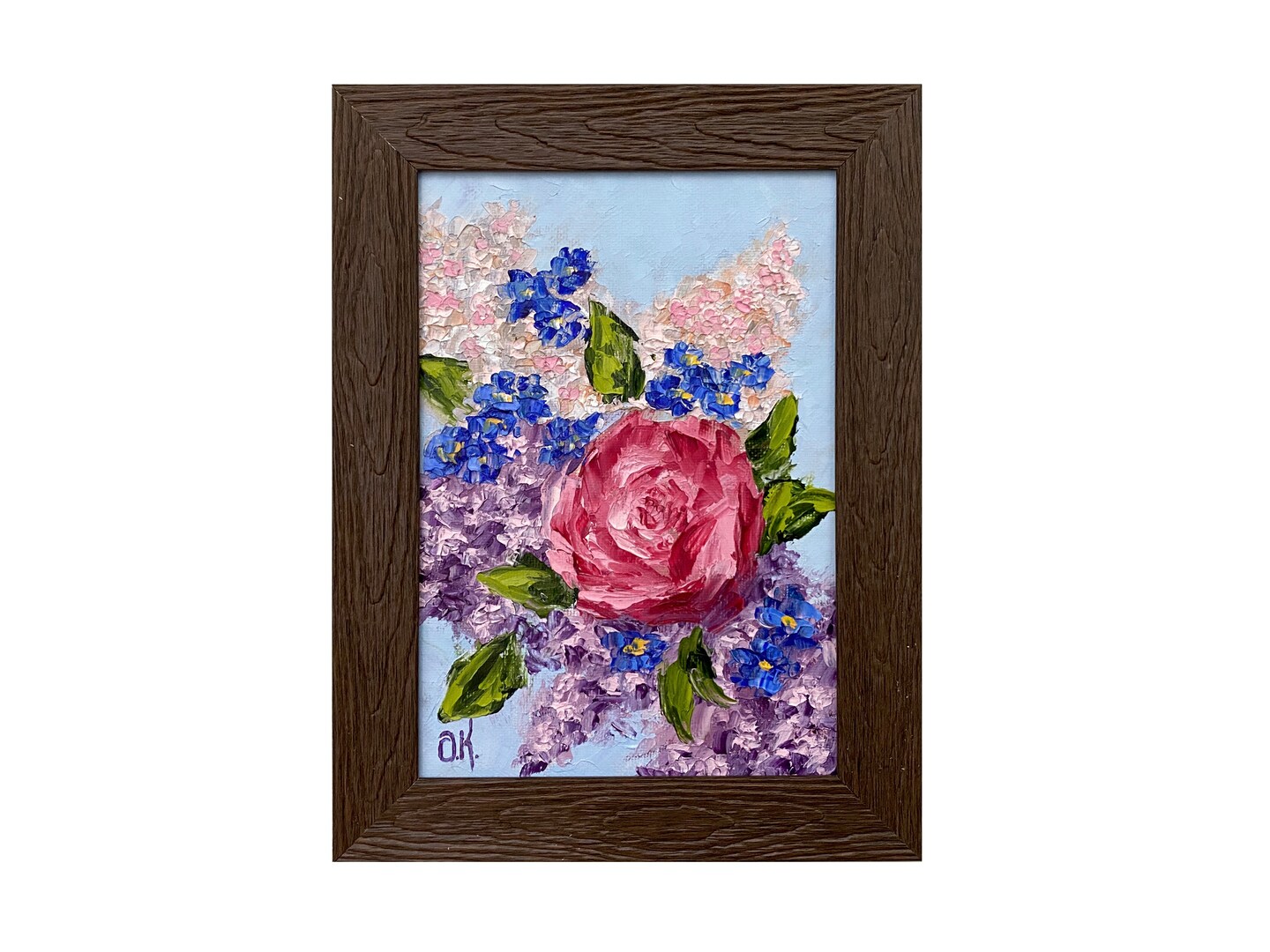 product name is Abstract Flower Bouquet Paintings Floral Art Rose Lilac Impasto Flowers Painting Original Small Canvas Framed Artwork