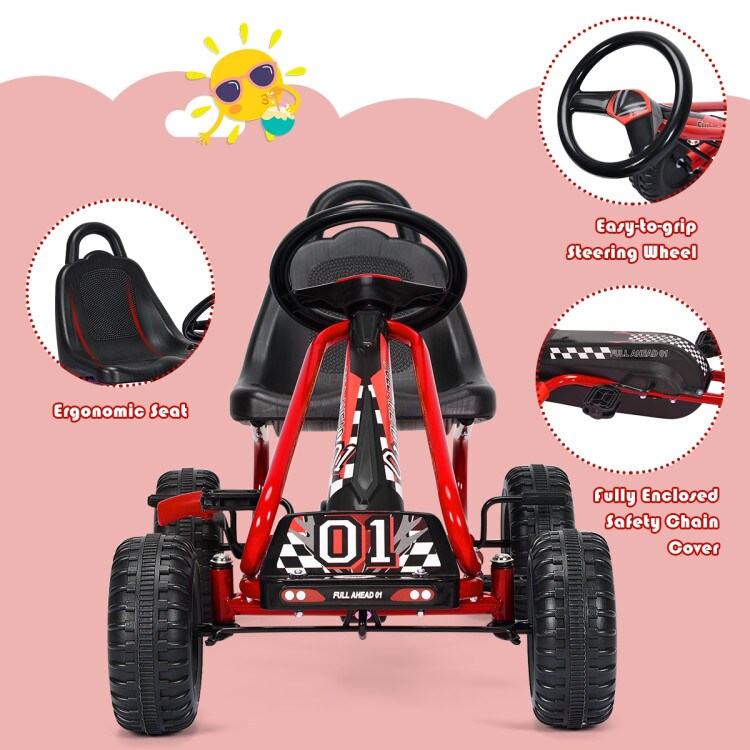 Iron Pedal Powered Ride On Car Go Kart for Kids with Adjustable Seat