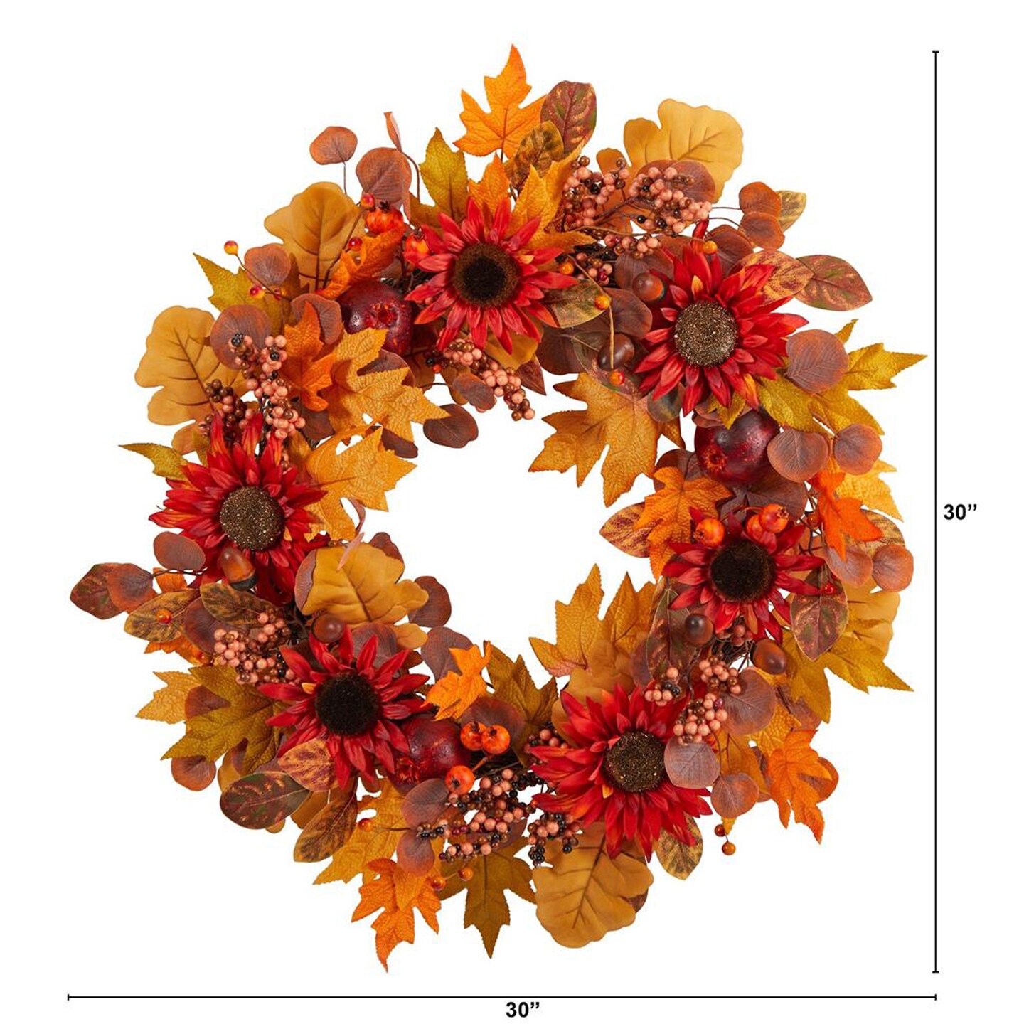 Nearly Natural 30&#x22; Fall Acorn, Sunflower, Berries and Autumn Foliage Artificial Wreath