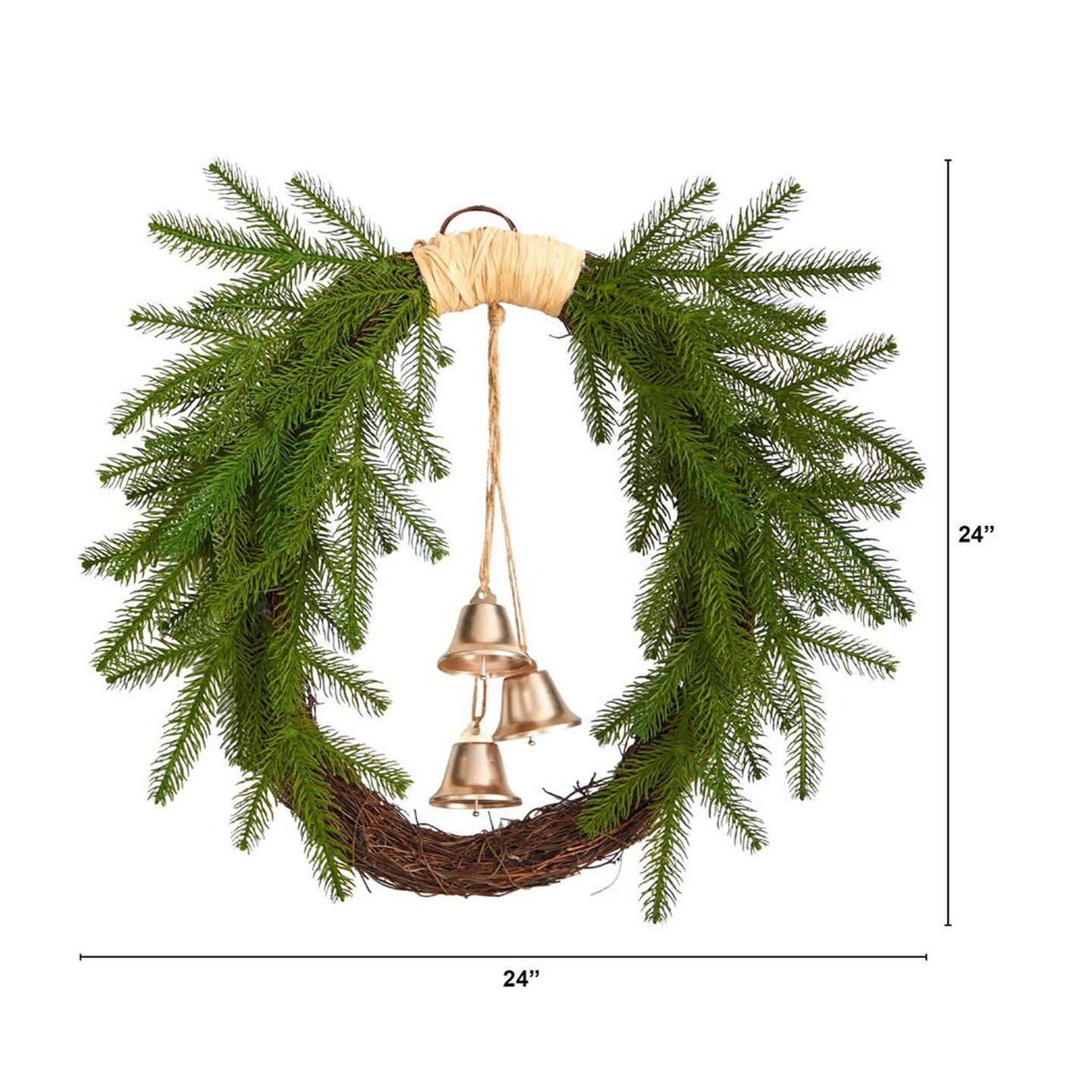 Nearly Natural 24"D Holiday Christmas Decorative Pine and Hanging Bells Wreath